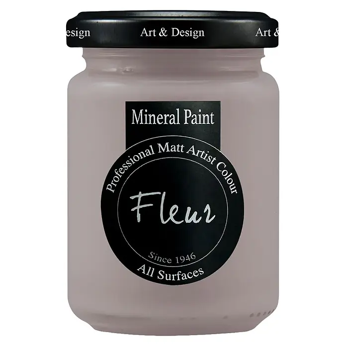 Fleur Pintura mineral - Indian Elephant, 130 ml, Mate - Pintura Mineral Fleur: un tarro de cristal de color rosa empolvado mate profesional, con etiqueta y tapa negras.
