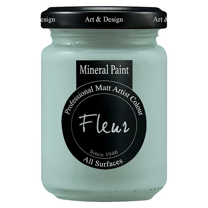 Fleur Pintura mineral - Cape Town Blue, 130 ml, Mate - Tarro verde claro de pintura mineral mate profesional Fleur con tapa negra.