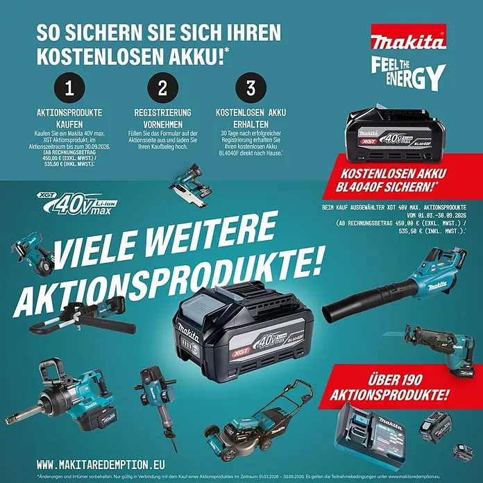 Makita XGT 40V max. Akku-Vertikutierer UV001GZ - Anzahl Akkus: Ohne Akku, 40 V, Arbeitsbreite: 38 cm - Makita XGT 40V Max Elektrowerkzeuge und Akkus auf einem Werbeflyer, der einen kostenlosen BL4040F Akku anbietet.