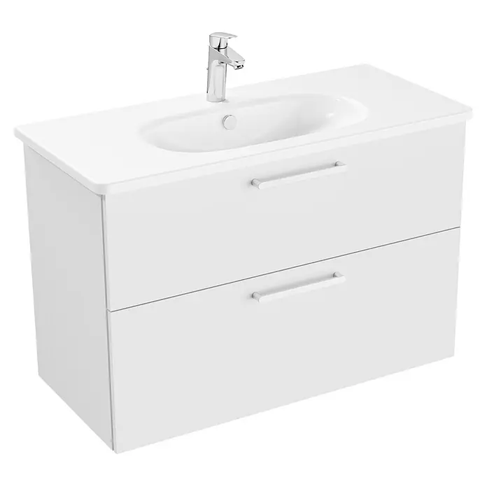 VitrA Badmöbel-Set Root Flat - B x T x H: 100 x 45 x 65 cm, Weiß, Hochglänzend - Weißer wandmontierter Badezimmerschrank mit integriertem Keramikwaschbecken, Chromarmatur und zwei Schubladen mit weißen Griffen.