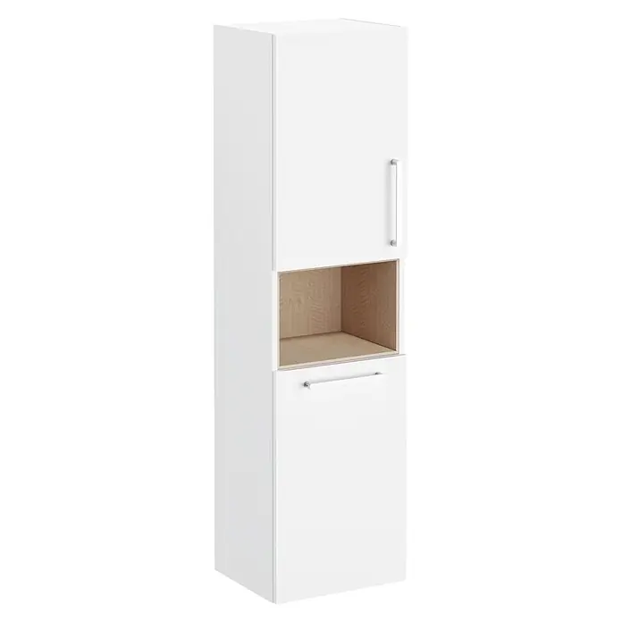 VitrA Hochschrank Root Flat - B x T x H: 42 x 36 x 155 cm, Weiß, DIN Anschlag: Links - Hoher weißer Schrank mit zwei Türen und einem zentralen offenen Holzregal mit heller Holzmaserung und Metallgriffen.