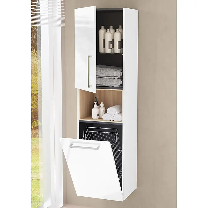 VitrA Hochschrank Root Flat - B x T x H: 42 x 36 x 155 cm, Weiß, DIN Anschlag: Links - Hoher, glänzend weißer Badezimmerschrank mit offenen Fächern, Wäschekorb und Stauraum für Toilettenartikel und Handtücher.