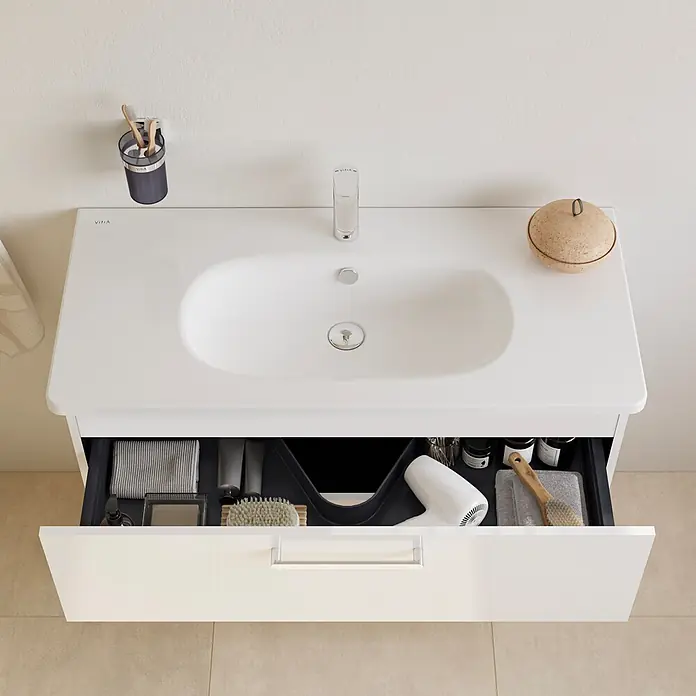 VitrA Badmöbel-Set Root Flat - B x T x H: 100 x 45 x 65 cm, Weiß, Hochglänzend - Weißer Badschrank mit integriertem Waschbecken und offener Schublade mit geordneten Toilettenartikeln.
