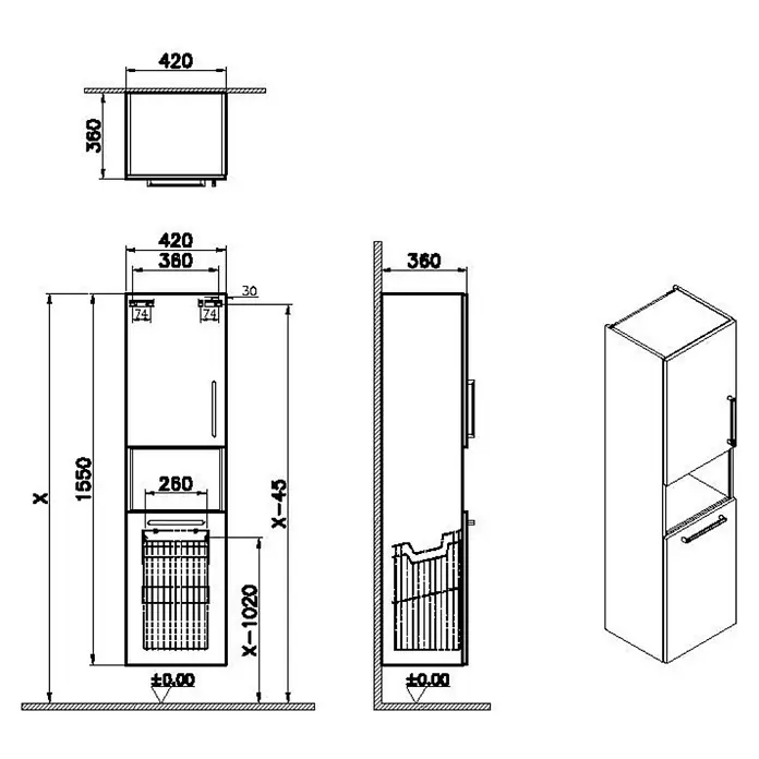 VitrA Hochschrank Root Flat - B x T x H: 42 x 36 x 155 cm, Anthrazit, DIN Anschlag: Rechts - Technische Zeichnung eines Hochschranks mit Maßen, mit oberer Tür, offenem Fach und Auszugskorb-Fach.