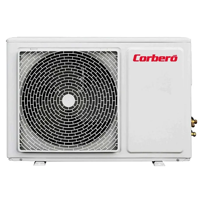 Corberó Aire acondicionado Inverter ECO12 - 3.500 W, 3.500 W, Tamaño de la estancia: 14 m² - 22 m² - Unidad exterior de aire acondicionado Corberó blanca con rejilla de ventilador circular y conexiones de latón.