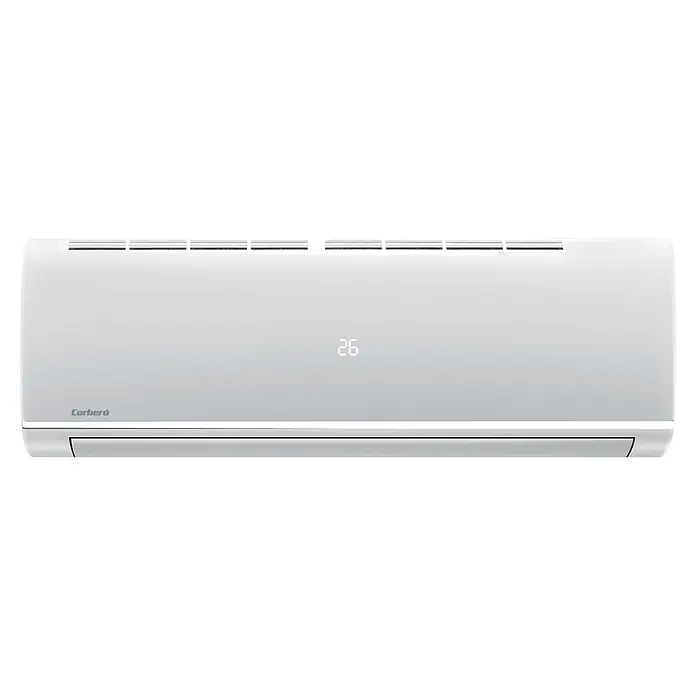 Corberó Aire acondicionado Inverter ECO12 - 3.500 W, 3.500 W, Tamaño de la estancia: 14 m² - 22 m² - Unidad interior de aire acondicionado blanca de pared con pantalla digital '26' y logo Corberó.