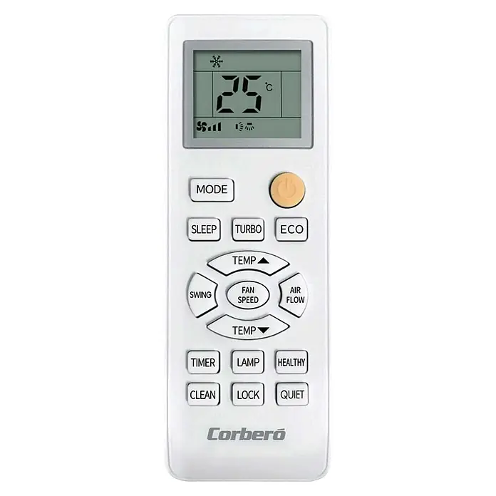 Corberó Aire acondicionado Inverter ECO12 - 3.500 W, 3.500 W, Tamaño de la estancia: 14 m² - 22 m² - Mando a distancia blanco Corberó para aire acondicionado con pantalla LCD (25°C) y varios botones de función.