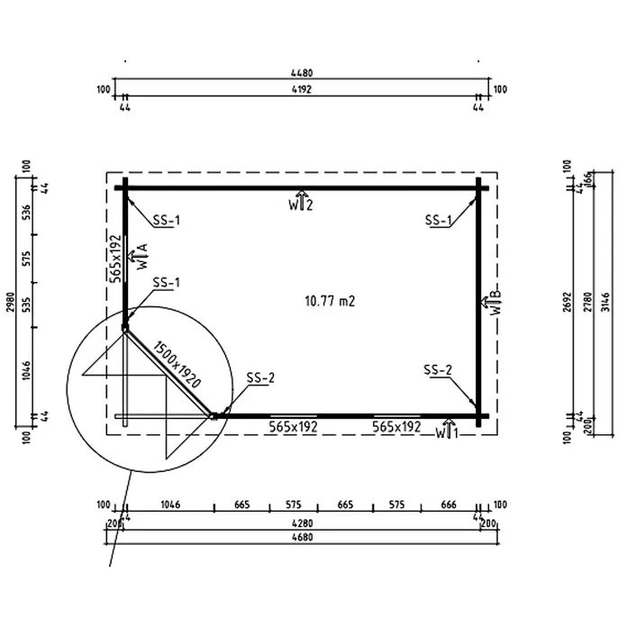 Fjordholz Gartenhaus Birger 44 - Außenmaß inkl. Dachüberstand (B x T): 448 x 298 cm, Holz, ohne Imprägnierung - Technische Zeichnung eines kleinen Hütten-Grundrisses mit Maßen, zeigt eine Fläche von 10,77 m² und detaillierte Wandabschnitte.