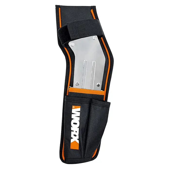 Worx PowerShare 20V Holster WA4655 - Passend für: Worx Astsägen - Schwarze Stoff-Werkzeugtasche mit orangefarbenen Akzenten, hält eine silberne Metall-Handschaufel. Mit Klettverschluss und 'WORX'-Logo.