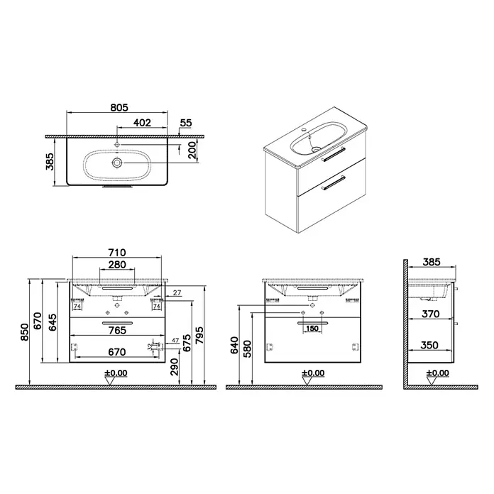 VitrA Badmöbel-Set Root Flat - B x T x H: 80 x 37 x 65 cm, Eiche Natur - Technische Zeichnung eines Badmöbels mit integriertem Waschbecken, Vorder-, Seiten- und Draufsicht mit Maßen.