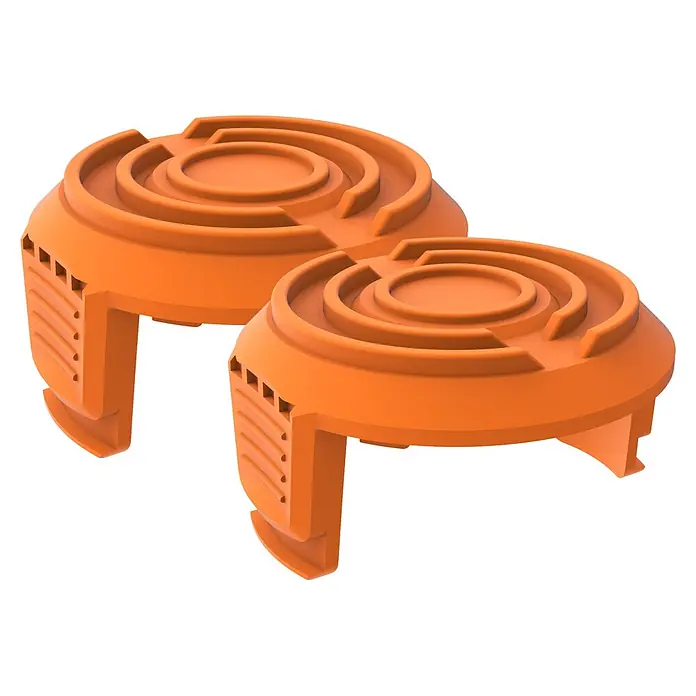 Worx PowerShare 20V Spulendeckel - Passend für: Worx Akku-Rasentrimmer WG163E.9 - Zwei orange Tontauben, rund mit konzentrischen Mustern oben und geriffelten Seiten.