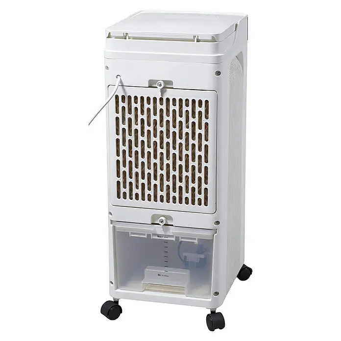 PR Klima Climatizador evaporativo CF1202R - 65 W, 7 l, Blanco - Enfriador de aire evaporativo blanco con filtro de panal visible, tanque de agua transparente con indicadores y ruedas.