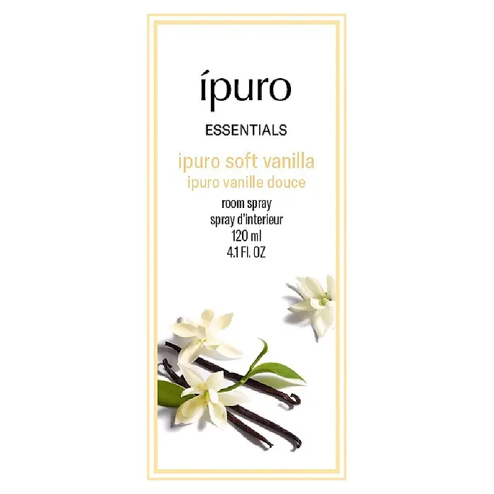 Ipuro Raumspray - Soft Vanilla, 120 ml - Etikett für ipuro Soft Vanilla Raumspray, mit Vanilleblüten und -schoten.