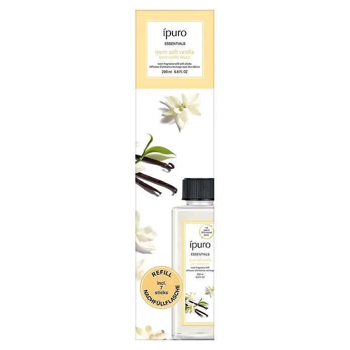 Ipuro Essentials Raumduft Refill - Soft Vanilla, 200 ml - ipuro Soft Vanilla Raumerfrischer Nachfüllflasche mit 7 Stäbchen. Aus 100% recyceltem Kunststoff.