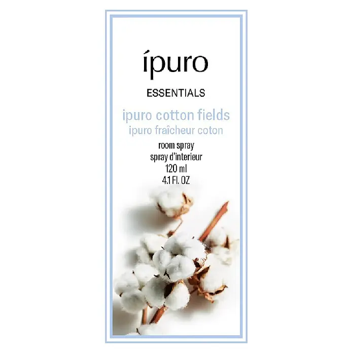 Ipuro Raumspray - Cotton Fields, 120 ml - Weißes Etikett für ipuro cotton fields Raumspray mit Branding, Text und Abbildung von Baumwollkapseln.