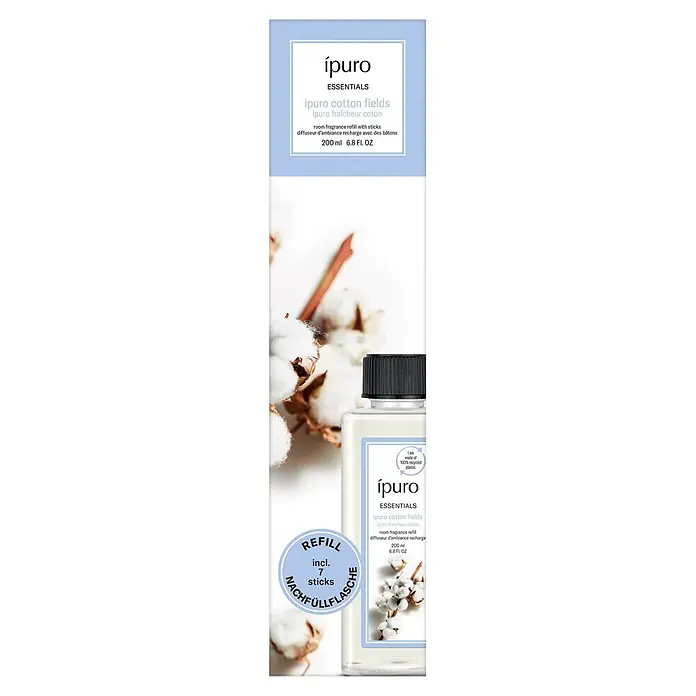 Ipuro Essentials Raumduft Refill - Cotton Fields, 200 ml - ipuro cotton fields Raumduft Nachfüllflasche mit 7 Stäbchen, aus 100% recyceltem Kunststoff.