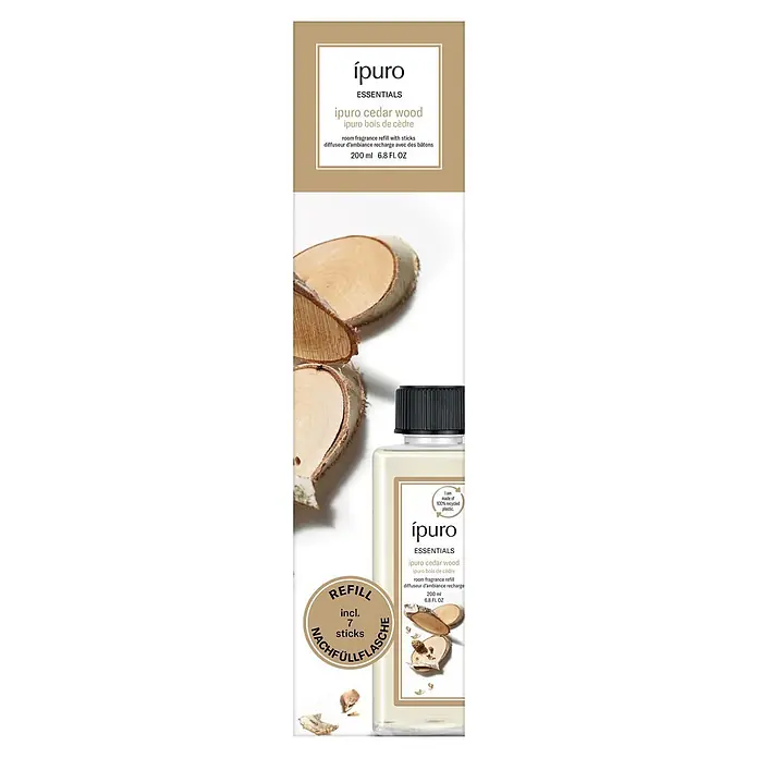 Ipuro Essentials Raumduft Refill - Cedar Wood, 200 ml - ipuro Zedernholz Raumduft-Nachfüllpackung mit 7 Stäbchen. Die 200ml Flasche besteht aus 100% recyceltem Kunststoff.