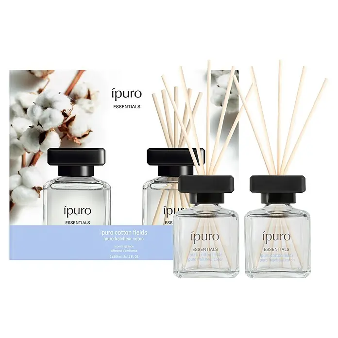 Ipuro Essentials Raumduft Set - Cotton Fields, 2 Stk., 50 ml - Set aus ipuro Cotton Fields Raumdiffusoren mit klaren Glasflaschen, schwarzen Deckeln und natürlichen Rattanstäbchen.