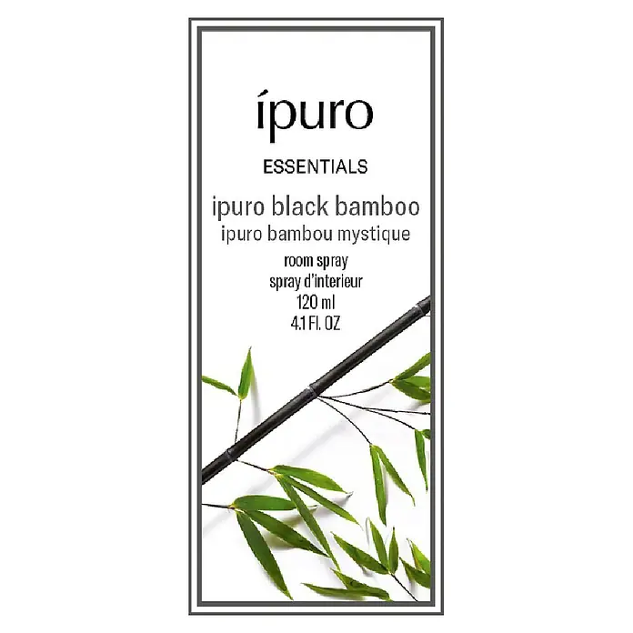 Ipuro Raumspray - Black Bamboo, 120 ml - ipuro ESSENTIALS Raumduft Etikett "Black Bamboo" mit Bambusstamm und grünen Blättern, 120 ml.