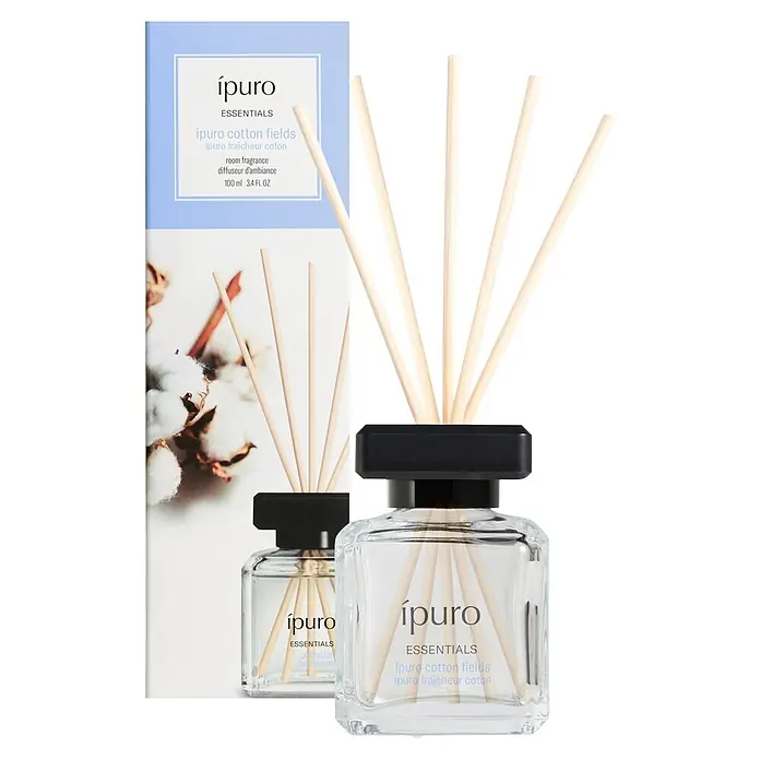 Ipuro Essentials Raumduft - Cotton Fields, 100 ml - ipuro Cotton Fields Diffusor-Set mit Klarglasflaschen, schwarzen Kappen, Naturholzstäbchen und Markenverpackung.
