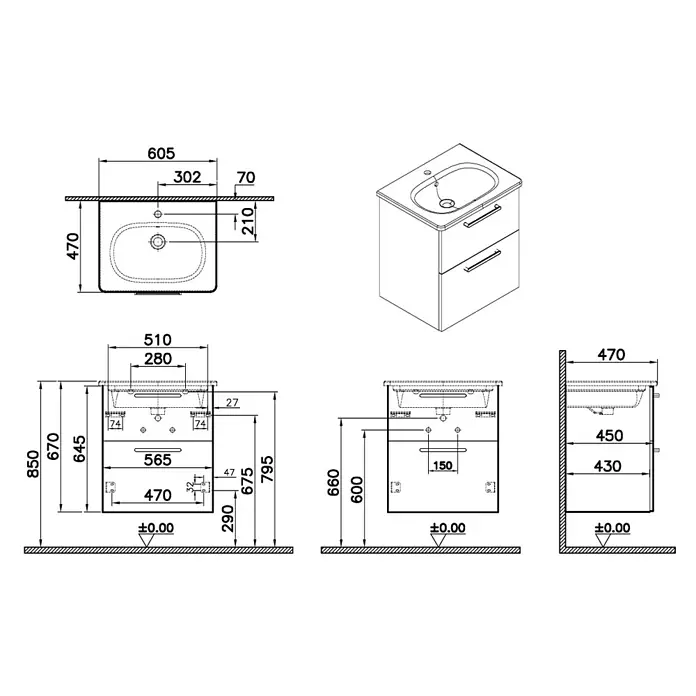 VitrA Badmöbel-Set Root Flat - B x T x H: 60 cm x 45 cm x 65 mm, Anthrazit, Hochglänzend - Technische Zeichnung eines Badunterschranks mit integriertem Waschbecken und zwei Schubladen, mit Maßen in mehreren Ansichten.