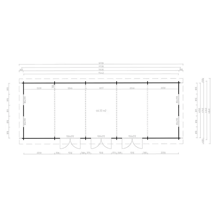 Fjordholz Gartenhaus Game Room 44 Farbbehandlung Lichtgrau - Außenmaß inkl. Dachüberstand (B x T): 1.173 x 434 cm, Holz, Naturbelassen - Technischer Plan eines rechteckigen Grundrisses mit Maßen, Innenaufteilung, drei 150x212 Türen und einer Gesamtfläche von 46,33 m².