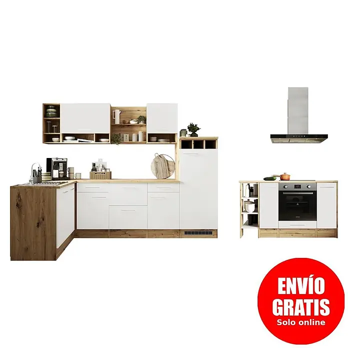 Respekta Cocina de isla Hilde con fuego - Ancho: 280 cm, Blanco, Mate, Con electrodomésticos - Cocina modular en blanco y efecto madera clara, con encimera en L, fregadero, mueble de horno y campana.