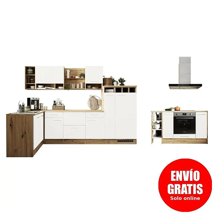 Respekta Cocina de isla Hilde con fuego - Ancho: 310 cm, Blanco, Mate, Con electrodomésticos - Cocina moderna blanca con encimeras y detalles de madera clara, que incluye una encimera en L, armarios y un horno independiente con campana extractora.