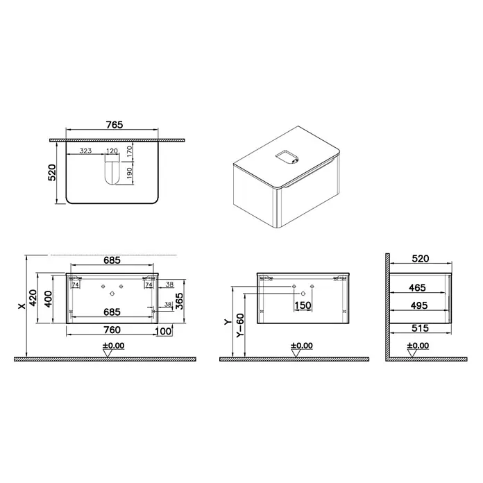 VitrA Integra Round Waschtischunterschrank Integra Round - B x T x H: 76,5 x 52 x 42 cm, Moosgrün - Technische Zeichnungen eines wandmontierten Waschtischunterschranks mit integriertem Waschbecken, inklusive Installationsmaßen.