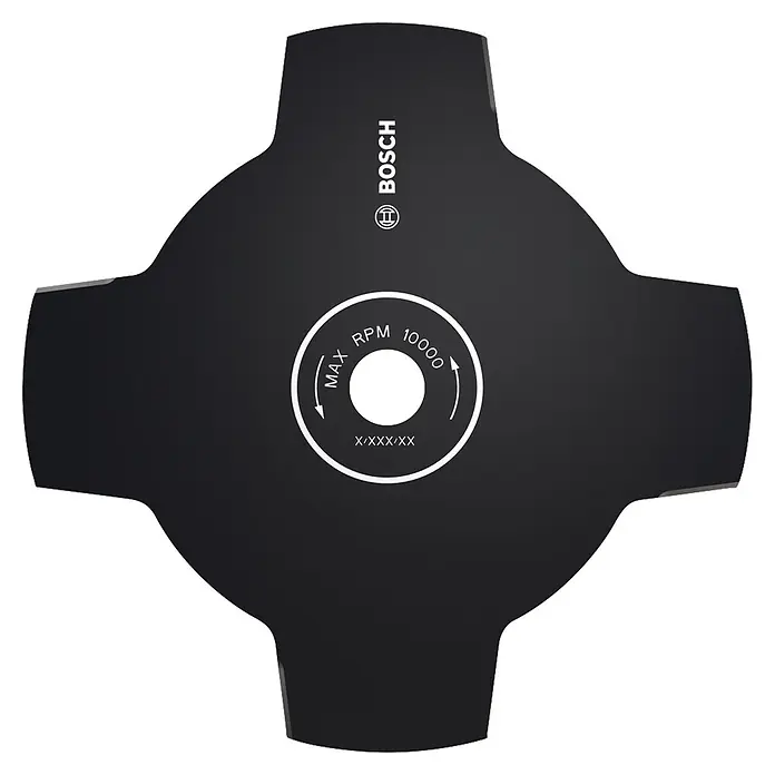 Bosch Ersatzmesser 4-Zahn - Passend für: Kompatible Bosch Pro Akku-Freischneider - Schwarzes, vierzackiges Bosch Freischneiderblatt mit Mittelloch und Text 'MAX RPM 10000'.