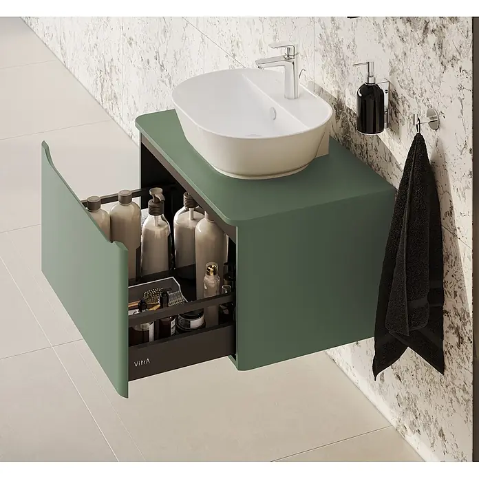VitrA Integra Round Waschtischunterschrank Integra Round - B x T x H: 76,5 x 52 x 42 cm, Moosgrün - Grüne, wandmontierte Badmöbel mit weißem Waschbecken und offener Schublade für Pflegeprodukte.