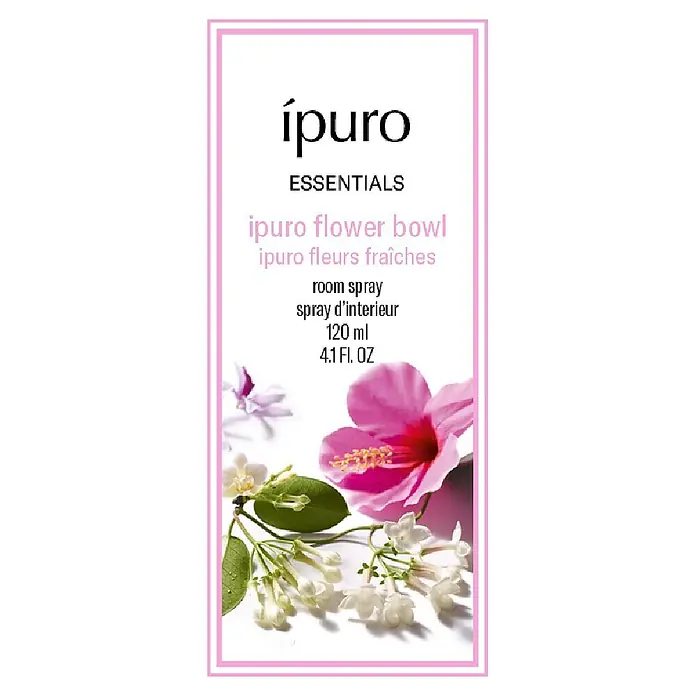 Ipuro Raumspray - Flower Bowl, 120 ml - Etikett für ipuro Raumspray mit Markenname, Produkttyp, Volumen und Abbildung von rosa und weißen Blumen.