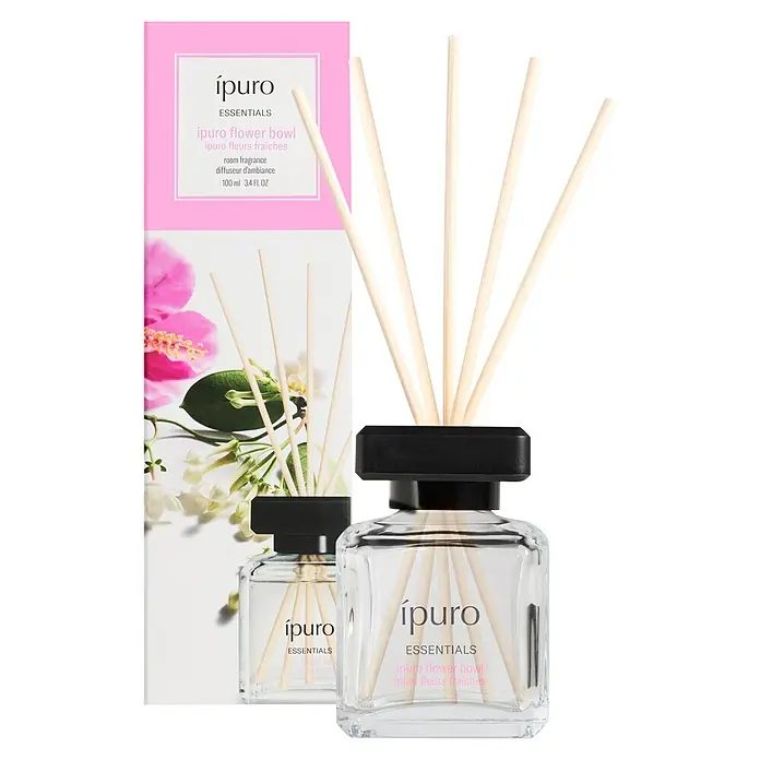 Ipuro Essentials Raumduft - Flower Bowl, 100 ml - Klarer Glas-ipuro-Blumenbowl-Stäbchendiffusor mit schwarzem Verschluss und natürlichen Holzstäbchen für Raumduft.