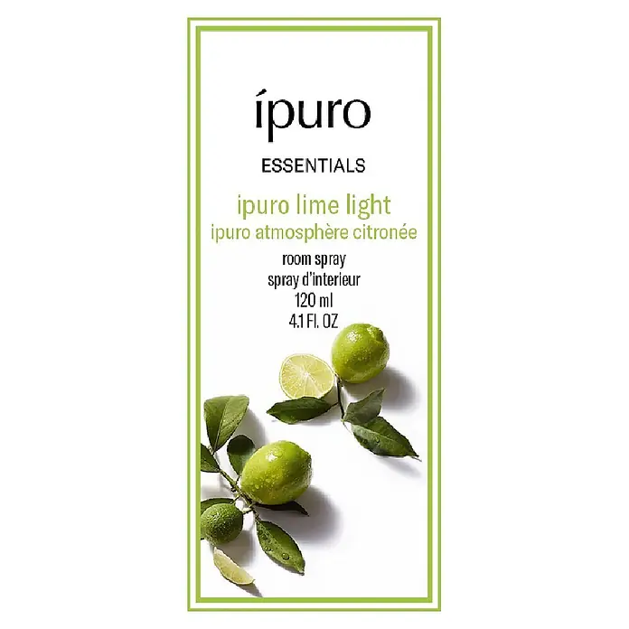 Ipuro Raumspray - Lime Light, 120 ml - Ipuro Essentials Lime Light Raumspray-Etikett mit frischen grünen Limetten, Produktname und 120ml Volumen.