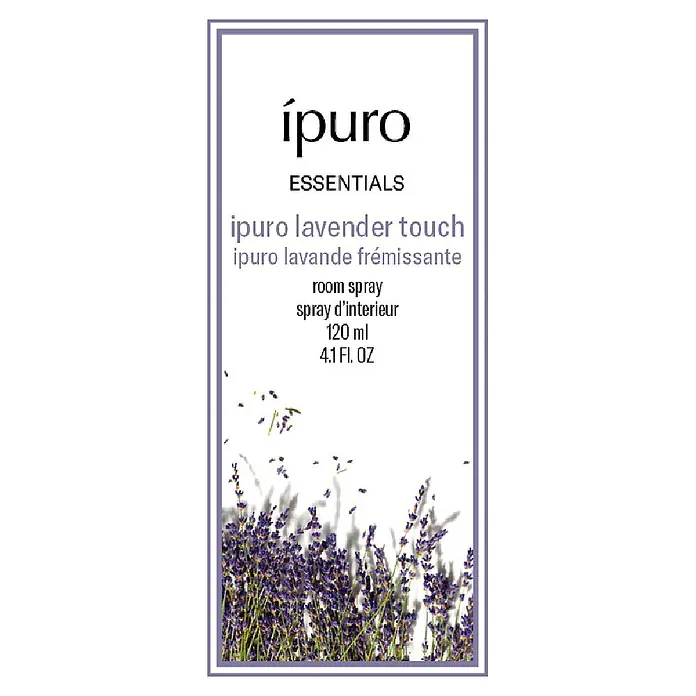 Ipuro Raumspray - Lavender Touch, 120 ml - Weißes Etikett für Ipuro Lavendel Raumspray mit lila Text und Lavendelblüten.
