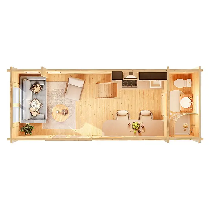 Fjordholz Gartenhaus Heritage 70 A - Außenmaß inkl. Dachüberstand (B x T): 720 x 280 cm, Holz, Naturbelassen - Blick von oben auf eine kleine Holzhütten-Einrichtung mit offenem Wohn-, Ess-, Küchen- und Badbereich.