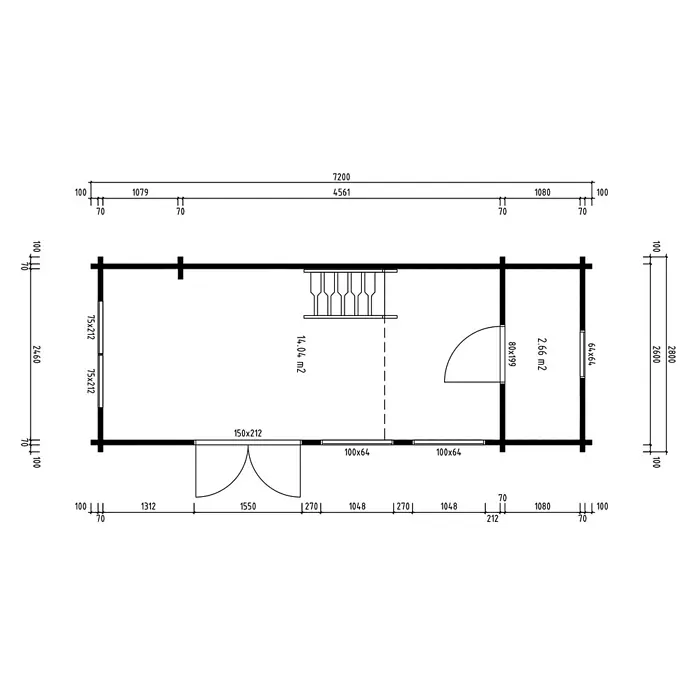 Fjordholz Gartenhaus Heritage 70 A - Außenmaß inkl. Dachüberstand (B x T): 720 x 280 cm, Holz, Naturbelassen - Grundriss eines kleinen Gebäudes mit Gesamtmaßen, Raumaufteilung, Tür- und Fensterplatzierungen sowie Flächenangaben.