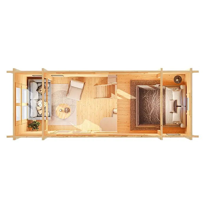 Fjordholz Gartenhaus Heritage 70 A - Außenmaß inkl. Dachüberstand (B x T): 720 x 280 cm, Holz, Naturbelassen - Draufsicht auf ein möbliertes Holzhütteninterieur mit Wohnzimmer, Flur und Schlafbereich.