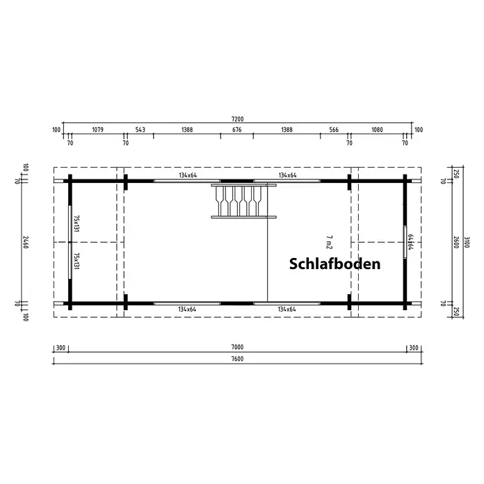 Fjordholz Gartenhaus Heritage 70 A - Außenmaß inkl. Dachüberstand (B x T): 720 x 280 cm, Holz, Naturbelassen - Technische Zeichnung eines Schlafempore-Grundrisses (Schlafboden) mit Maßen, tragenden Balken (z.B. 134x64) und einer Fläche von 7 m².