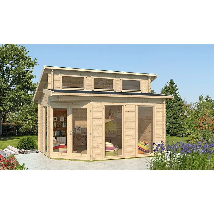Fjordholz Gartenhaus Kono 44 A Farblose Imprägnierung - Außenmaß inkl. Dachüberstand (B x T): 417 x 320 cm, Holz, Naturbelassen - Ein modernes Gartenhaus aus hellem Naturholz mit großen bodentiefen Fenstern und einer oberen Fensterreihe, ideal als helles Gartenstudio.