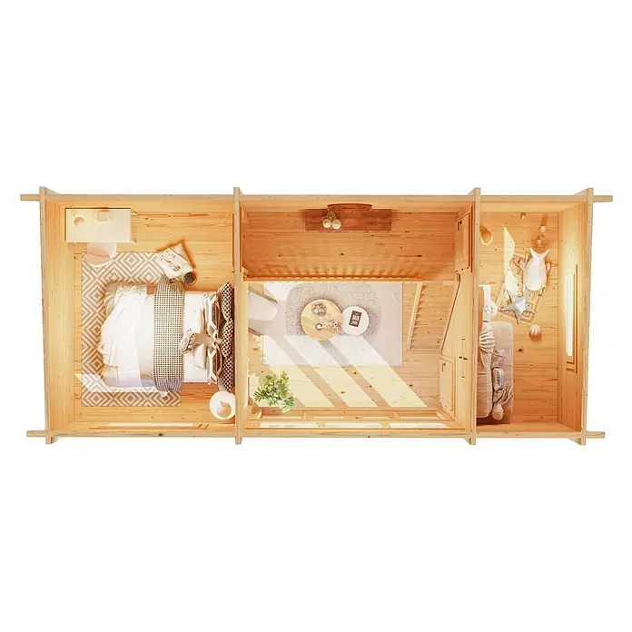 Fjordholz Gartenhaus Dream Big 70 A - Außenmaß inkl. Dachüberstand (B x T): 781 x 358 cm, Holz, Naturbelassen - Draufsicht auf das Innere eines Gartenhauses aus Holz mit drei möblierten Räumen, darunter Schlafzimmer und ein Wohnbereich.