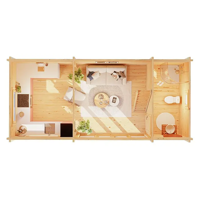 Fjordholz Gartenhaus Dream Big 70 A - Außenmaß inkl. Dachüberstand (B x T): 781 x 358 cm, Holz, Naturbelassen - Draufsicht auf ein kleines Holzhaus-Interieur mit kompakter Küche, Wohnzimmer und Bad in hellem Holz.