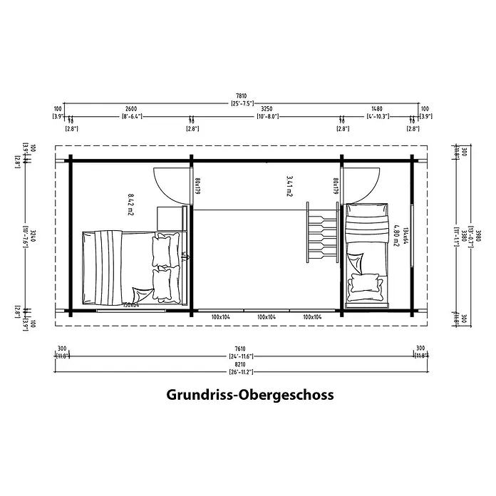 Fjordholz Gartenhaus Dream Big 70 A - Außenmaß inkl. Dachüberstand (B x T): 781 x 358 cm, Holz, Naturbelassen - Grundriss-Obergeschoss mit zwei Schlafzimmern und Treppe, inklusive Maßen und Flächen.