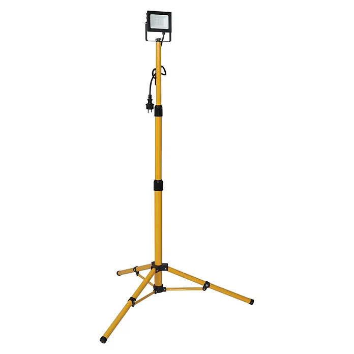 LED's work LED-Baustrahler Stativ - 60 W, 7.200 lm, 4.000 K, 85 x 85 x 189 cm, IP65 - Gelber LED-Arbeitsscheinwerfer auf einem schwarz-gelben, verstellbaren Stativ.