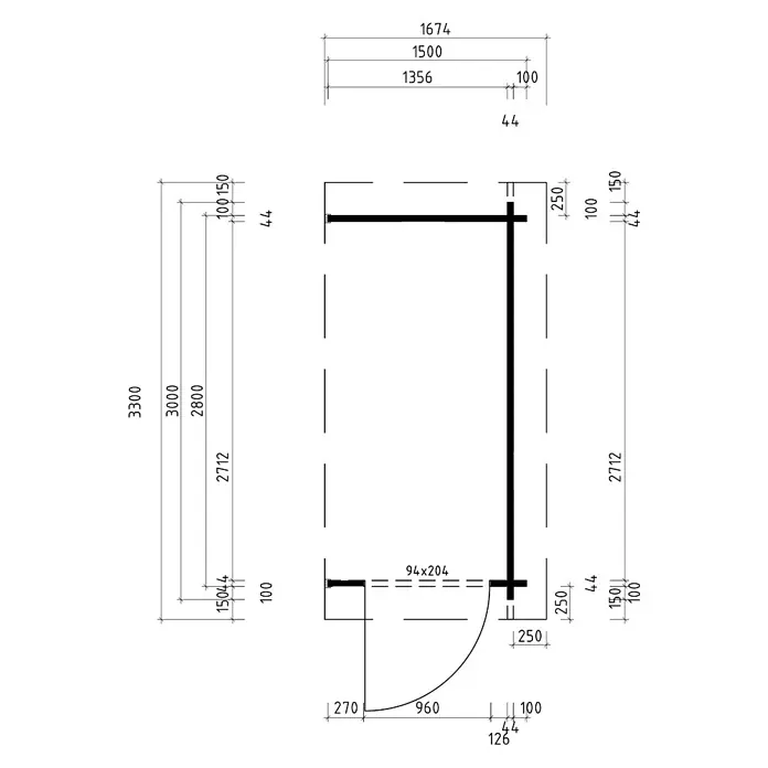 Fjordholz Gartenhaus Pulti 44 B - Außenmaß inkl. Dachüberstand (B x T): 150 x 300 cm, Holz, Naturbelassen - Technische Zeichnung eines Raumgrundrisses mit Tür, zeigt verschiedene Maße für Wände und Öffnungen.
