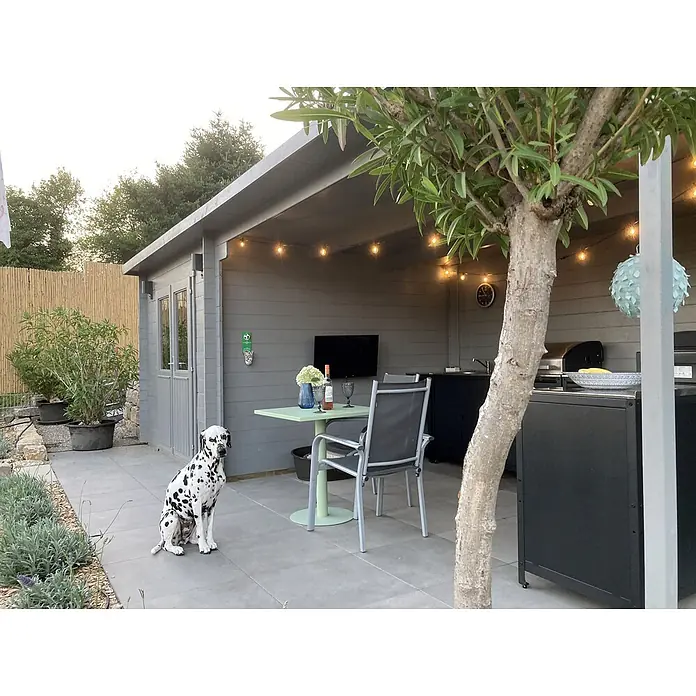 Fjordholz Gartenhaus Gent 28 B - Außenmaß inkl. Dachüberstand (B x T): 691 x 298 cm, Holz, Farbbehandlung Lichtgrau - Grauer Holzschuppen mit überdachter Terrasse, möbliert mit Tisch, Stühlen, TV, Grill und Lichterketten, mit Dalmatiner davor.
