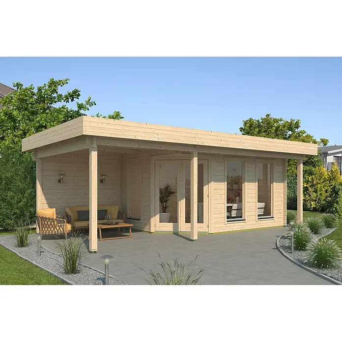 Fjordholz Gartenhaus Nora 44 I Modern - Außenmaß inkl. Dachüberstand (B x T): 725 x 320 cm, Holz, ohne Imprägnierung - Holzgartenhaus mit Flachdach und integrierter überdachter Terrasse mit Sitzgelegenheiten.