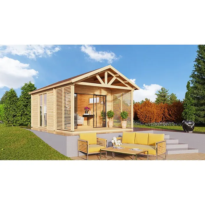 Fjordholz Gartenhaus - Außenmaß inkl. Dachüberstand (B x T): 420 x 620 cm, Holz, Grau Imprägnierung - Holz-Gartenhaus mit überdachter Terrasse und Außensitzbereich in einer natürlichen Umgebung.