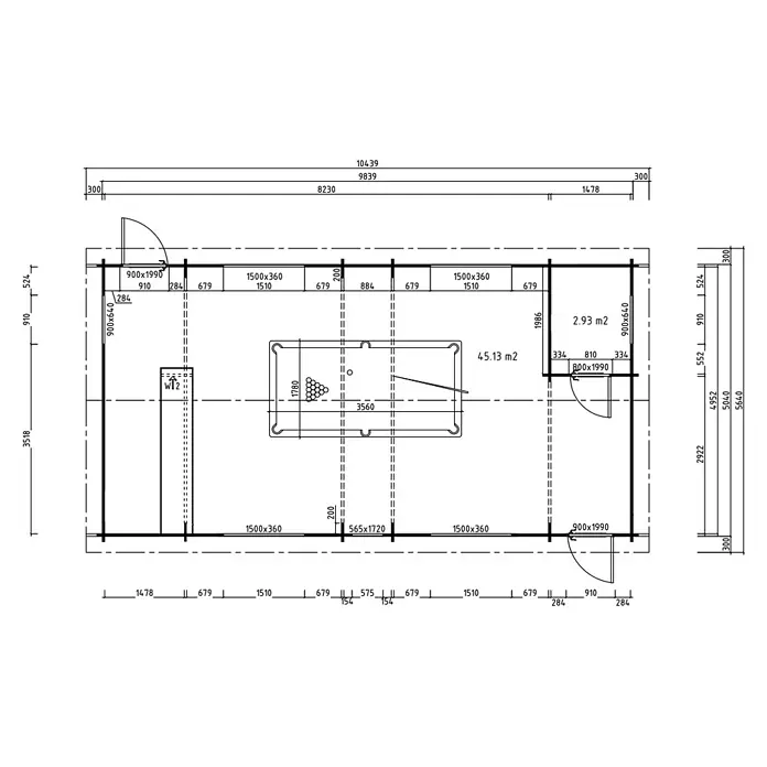Fjordholz Gartenhaus Dundee 44 A - Außenmaß inkl. Dachüberstand (B x T): 1.003,9 x 524 cm, Holz, Naturbelassen - Grundriss eines Gebäudeteils mit großem Raum inklusive Billardtisch, kleinem Raum, Türen, Fenstern und Bemaßungen.
