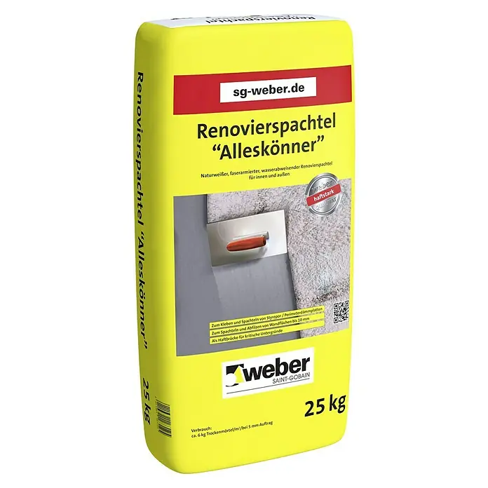 SG Weber Renovierspachtel Alleskönner - 25 kg - Sack Renovierspachtel "Alleskönner" von Weber Saint-Gobain, 25 kg. Naturweißer, faserarmierter Renovierspachtel für innen und außen, ideal zum Kleben.
